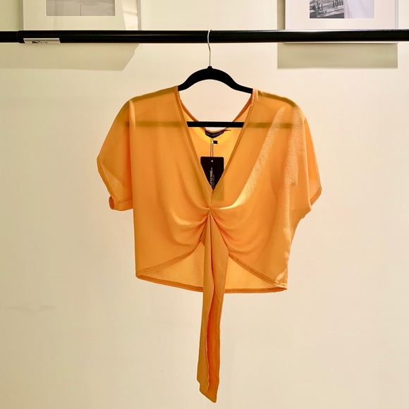 Orange Chiffon Knot Front Short Sleeve Crop Blouse - Picture 2 of 4